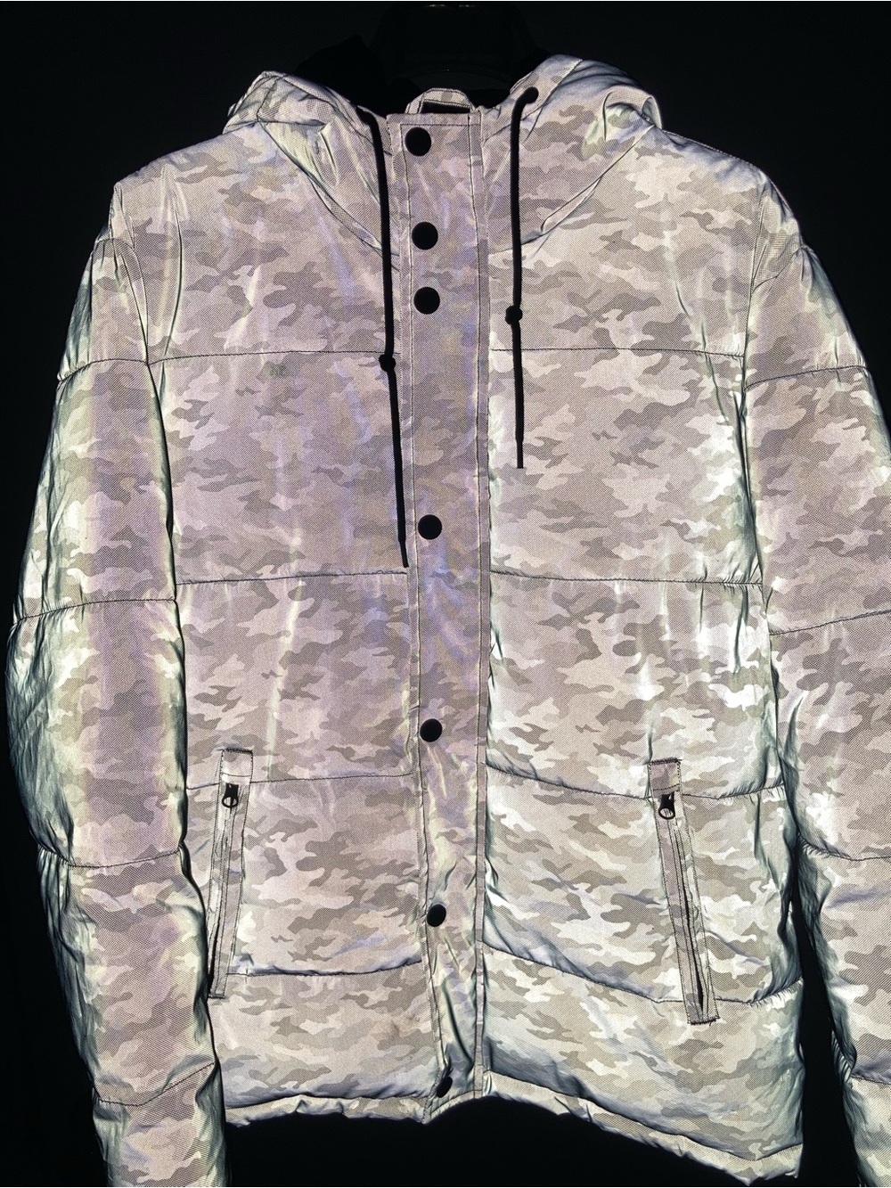 Vintage Forever 21 Men's Reflective Hooded Puffer Jacket - Gray/Silver Camo